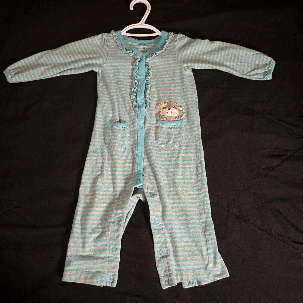Carter's Coverall Girls 18 Months Blue Striped Monkey Embroider Pocket One Piece